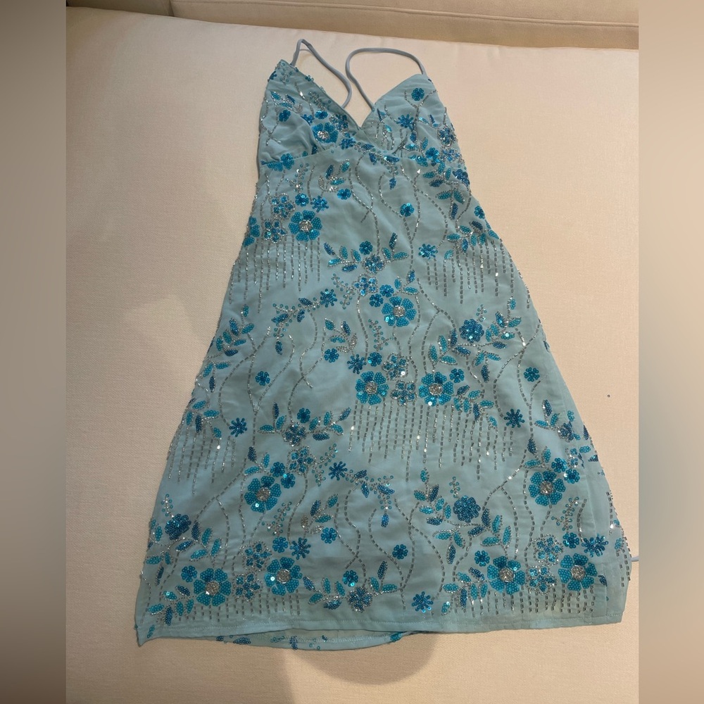 Beaded Blue Floral Mini Dress
